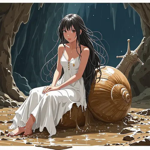 Asian Girl in White Dress on Snail Shell in Anime Mud Cave