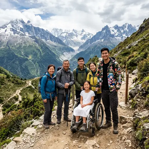 Asian People in Mountainside with Girl in a Wheelchair and Anime Camouflage Guy