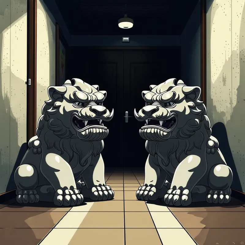 Chinese Stone Lions in Anime Apartment Hallway