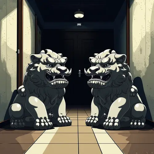 Chinese Stone Lions in Anime Apartment Hallway