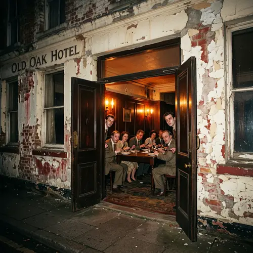 Scary Abandoned Hotel: Dark Interior with Creepy Guests