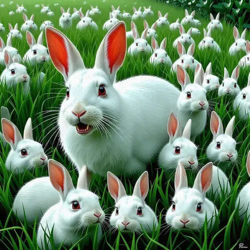 Snow White Rabbits on Green Grass