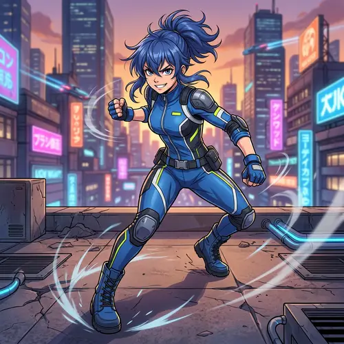 Anime Style Girl | Dynamic Full-Body Portrait in Blue Outfit