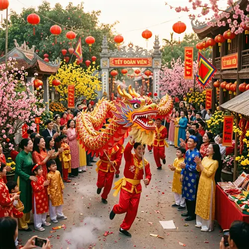 Vibrant Vietnamese Tet Festival Celebration with Cultural Dragon