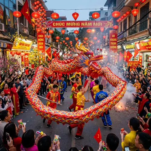 Vibrant Tet Celebration with Dragon Dancers and Traditional Decorations
