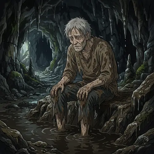 Old Man in an Anime Cave Covered in Muddy Water