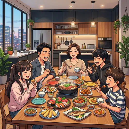 Anime-Inspired Heartwarming Family Meal Scene | Vibrant Colors