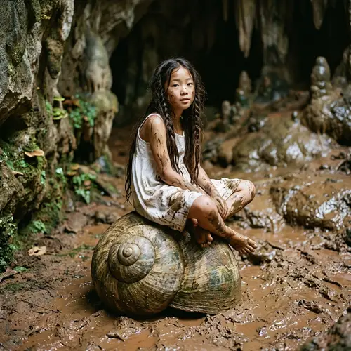Asian Girl in White Dress on Snail Shell in Anime Mud Cave