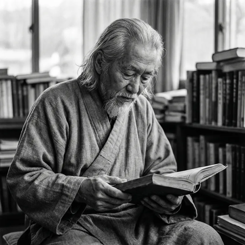 Wisdom and Introspection: Elderly Asian Man in Traditional Gray Robe Wisdom and Introspection: Elderly Asian Man in Traditional Gray Robe