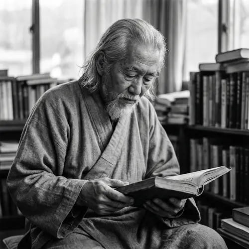 Wisdom and Introspection: Elderly Asian Man in Traditional Gray Robe