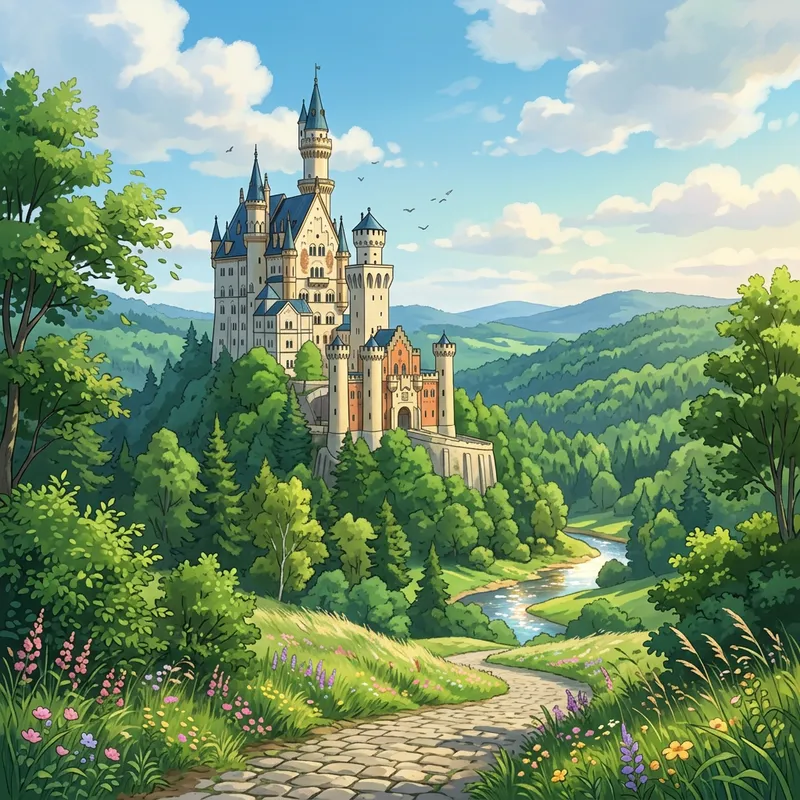 Serene Anime-Inspired Castle in Lush Greenery
