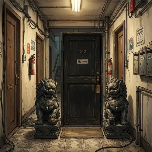 Chinese Stone Lions in Anime Apartment Hallway