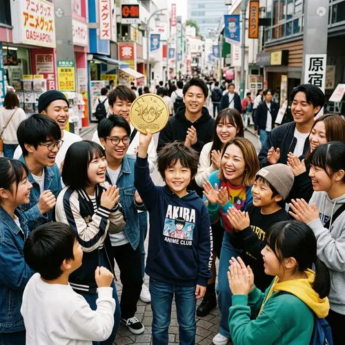 Asian People Surrounded Boy Holding Anime Gold Coin