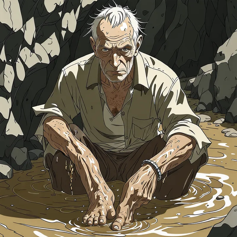 Old Man in an Anime Cave Covered in Muddy Water