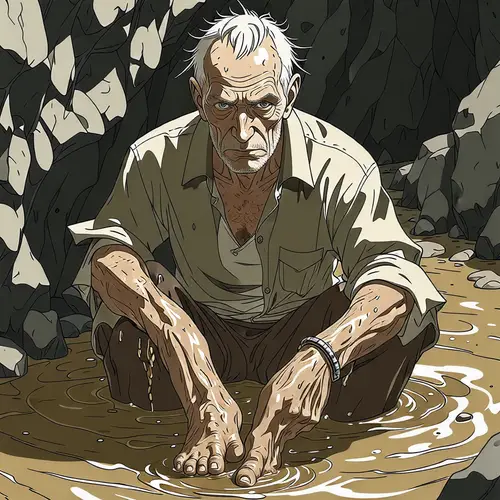 Old Man in an Anime Cave Covered in Muddy Water