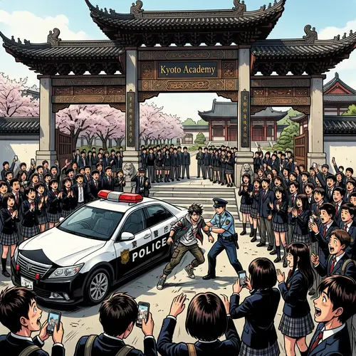 Anime-Inspired Scene at Asian Noble School | Excited Students and Police Car