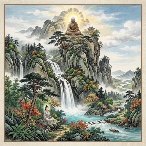 Spiritual Masterpiece: Mountain Waterfall & Buddhas
