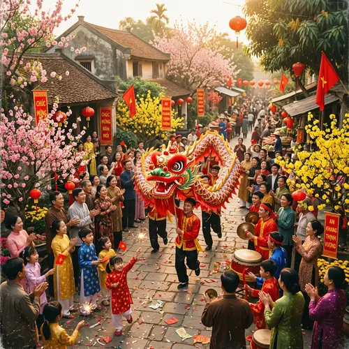 Vintage Vietnamese Tet Festival Illustration with Vibrant Dragon