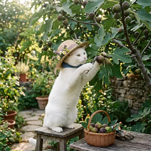 White Cat in Garden Hat Harvesting Figs