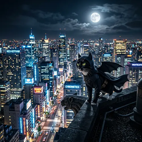 Batman Cat in City: Mysterious Guardian of the Nightscape