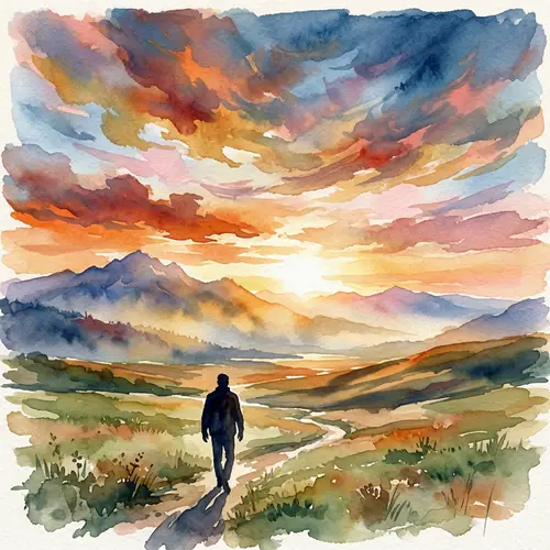 Silhouette Man Walking Towards Majestic Mountain Range | Nature-Inspired Artwork