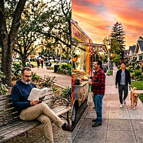 Diverse Men Sitting, Standing, Walking Outdoors Scene