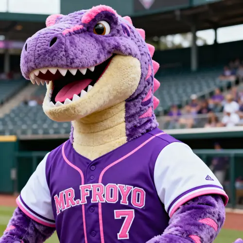 Smiling T-Rex Mascot in Purple Baseball Jersey