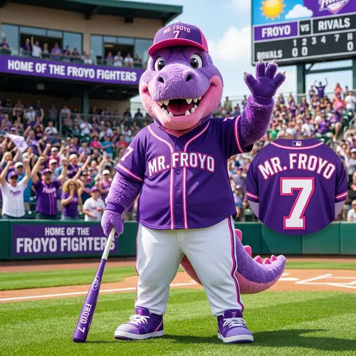Smiling T-Rex Mascot in Purple Baseball Jersey