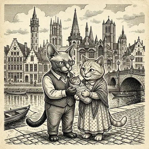 Bald Black and Golden Feline Characters in Ghent City with New Kitten