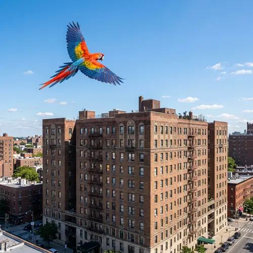Vibrant Parrot Flying Over Urban Building | Wildlife Scene