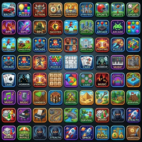 Diverse Game Icons Collage | Racing, Puzzle, Action & More
