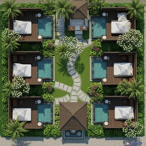 Bali Style Resort Layout: 6 Rooms with Pools