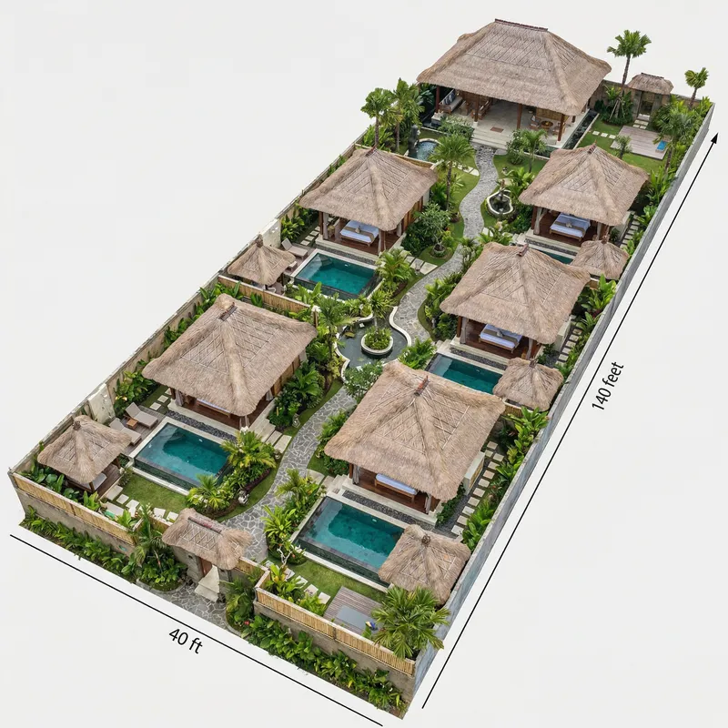 Bali Style Resort Layout: 6 Rooms with Pools