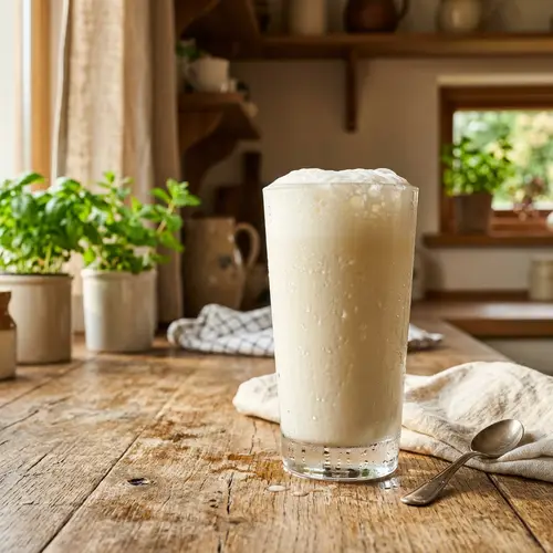 Invigorating Frothy Milk on Rustic Table