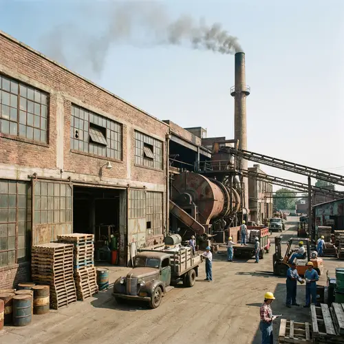Rustic Factory Scene with Diverse Workers | Historical Site