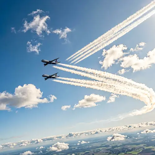 Aerial Contrails: Parallel Airplanes in Clear Blue Sky