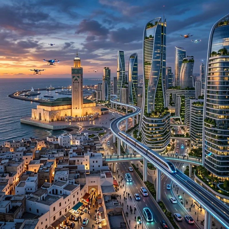 Futuristic Casablanca in 2050: Skyscrapers, Monorail & Moroccan Charm