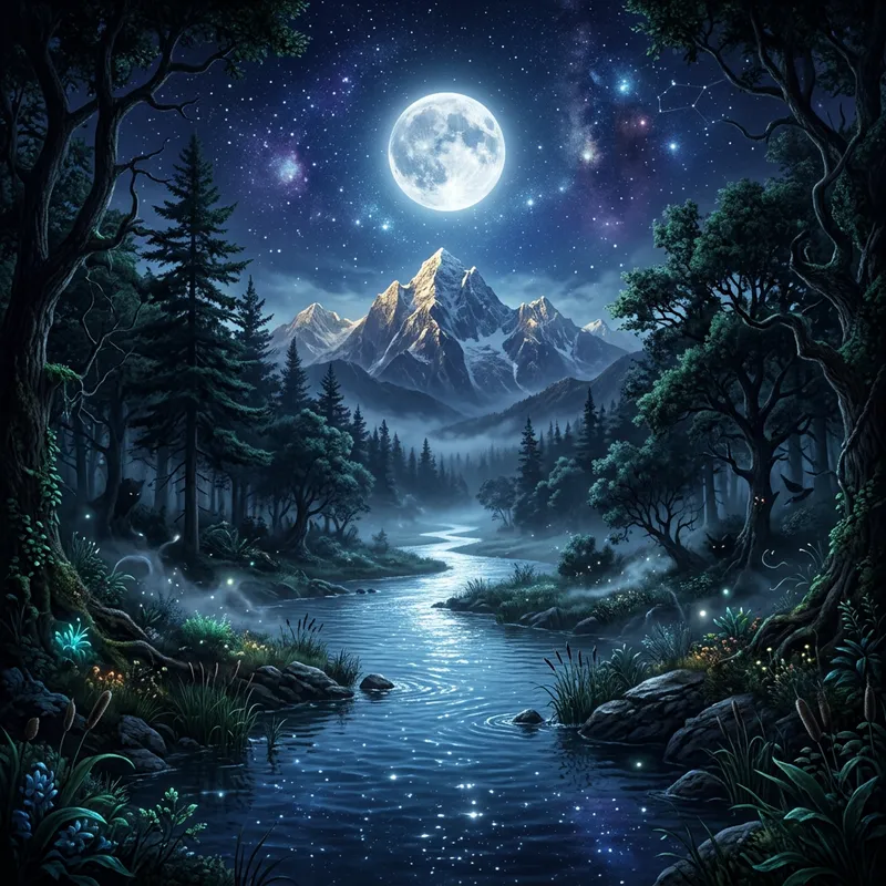 Enigmatic Forests, Serene River, Moonlit Mountain