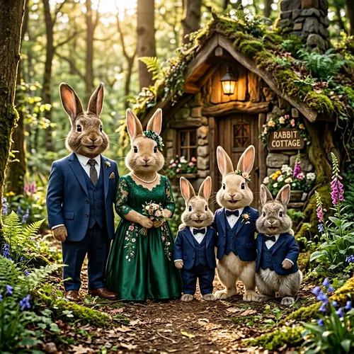 Enchanting Rabbit Family in Elegant Formal Attire | Forest Setting