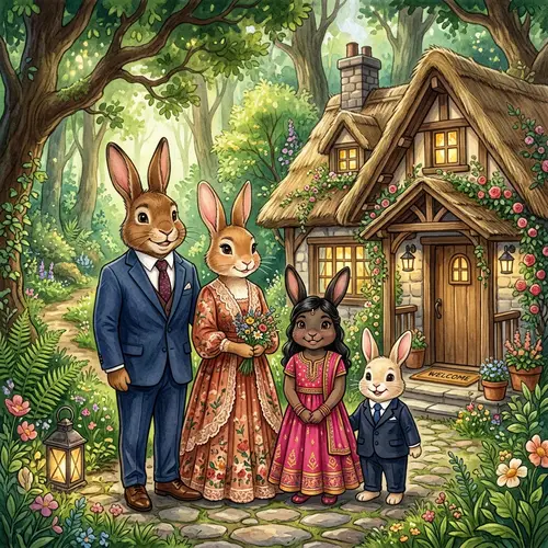 Multicultural Family of Rabbits in Cozy House | Forest Illustration