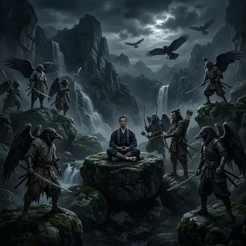 Demonic Birds in a Dark Mountain Landscape