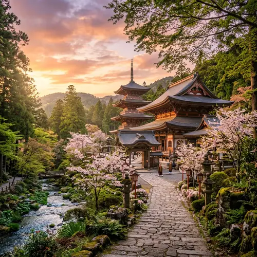 Tranquil Buddhist Temple in Serene Setting | Green Trees, Cherry Blossoms