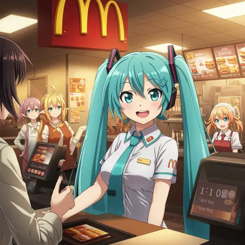 Hatsune Miku as McDonald's Cashier in Anime Style