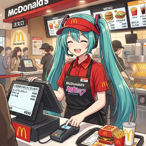 Hatsune Miku as McDonald's Cashier in Anime Style
