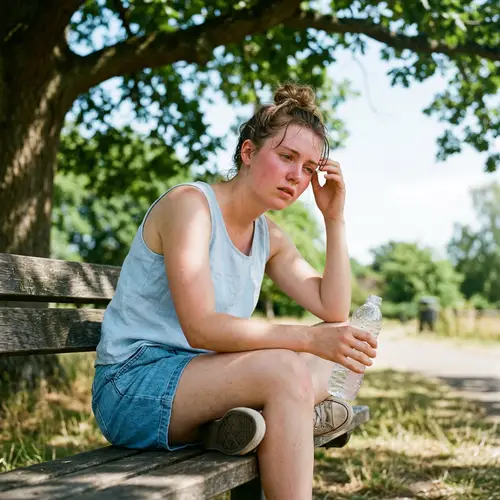 Preventing Heat Exhaustion: Woman Seeking Relief on Park Bench