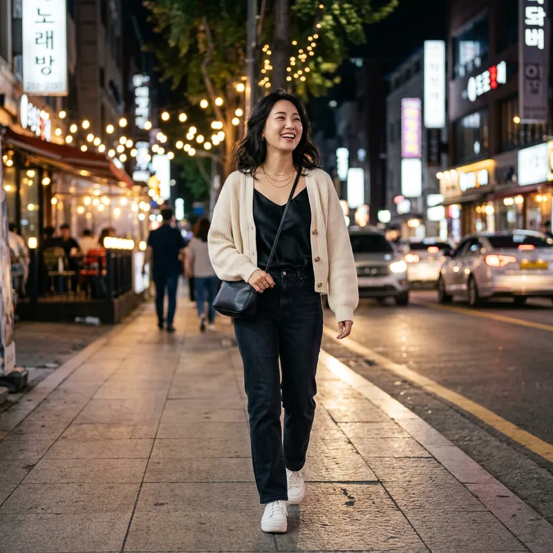 Charming Korean Girl Strolling Through City Streets