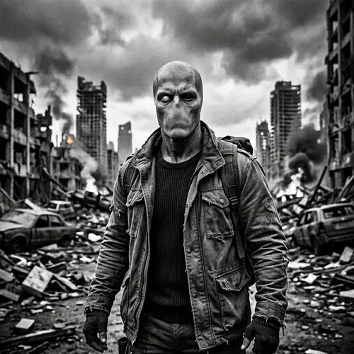 Black and White Apocalyptic Portrait with Unique Feature