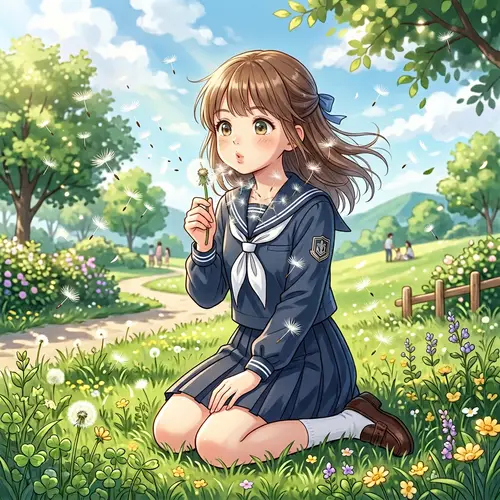 Anime-style Girl Blowing Dandelion | Lush Green Park Scene