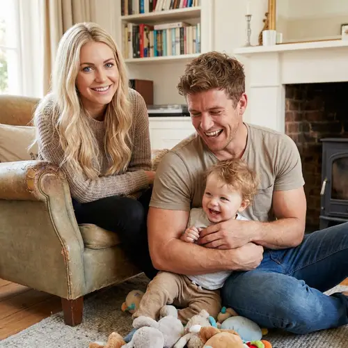 Family in Living Room: Blonde Mother, Athletic Father, Playful Toddler
