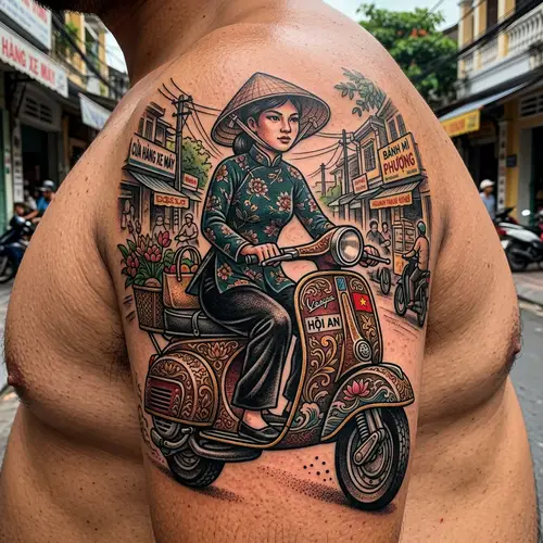 Traditional Vietnamese Tattoo of a Girl on Scooter